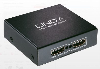 Rozdzielacz HDMI 1 na 2 Lindy 38057, czarna, prostokątna obudowa, 2 gniazda HDMI żeńskie wyjściowe, 1 wejściowe