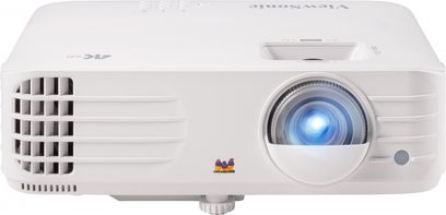 ViewSonic PX701-4K hvid projektor, rektangulær, kompakt, rent design, centreret linse på forsiden