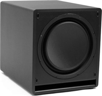 Klipsch SW-115 sort subwoofer, set forfra, kubisk form, central rund højttaler, mat sort materiale