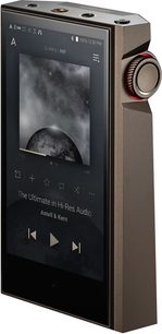 Astell&Kern Kann MAX brun audiofil musikafspiller, set lidt fra siden forfra, skærm der viser et sort-hvidt billede