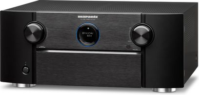 Marantz AV7705 sort forstærker til hjemmebio, set forfra, sort front med blå skærm, 2 drejeknopper og 2 hovedtelefonstik