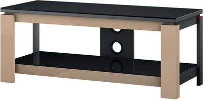 TV stolek Sonorous HG1020, krémově lakovaný, světlé dřevěné provedení, černá horní deska, 2 otevřené přihrádky, 1 centrální police, pohled zepředu