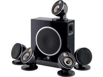 Compact Speaker Pack Dôme Flax 5.1 Black with 5 Spherical Satellites on Tilted Stands and 1 Rectangular Subwoofer with Side Port