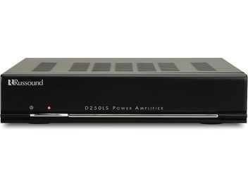 Amplificatore di potenza Russound D250LS, vista frontale, colore nero, 7 pulsanti, 1 spia luminosa, griglia di ventilazione