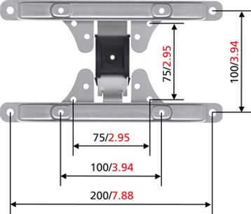 Gråmetal vægbeslag til TV med dimensioner 75"/2,95, 100"/3,94 og 200"/7,88 tommer, set forfra i nærbillede
