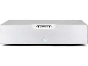 Amplificatore di potenza Chord Electronics BerTTi argento, telaio in alluminio spazzolato rettangolare, logo inciso sul pannello frontale, spia luminosa blu