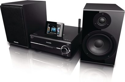 Philips MCI730 sort hi-fi-minianlæg, set forfra og fra siden, med højttalere, cd-afspiller, iPod-dock og LCD-skærm