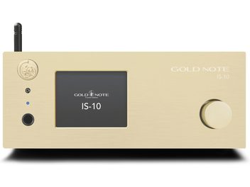 Integreret stereo hi-fi forstærker Gold Note IS-10 guld, set forfra, rektangulært kabinet, cirkulær knap til højre, centralt display