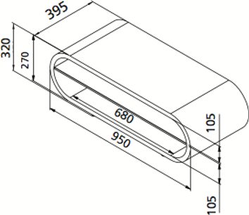 Rektangulært sort TV-møbel med glashylde, mål 950 x 395 x 270 mm, set ovenfra med målestoksangivelser
