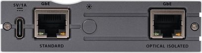 iFi Audio LAN iPurifier Pro strømkonditionering, set forfra, 1 USB-C 5V/1A port, 2 GbE Ethernet-porte, inskriptioner "STANDARD" og "OPTICAL ISOLATED"