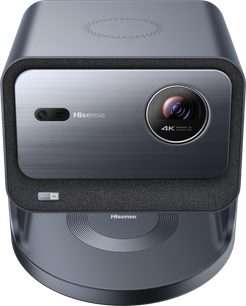 Videoprojektor Hisense C2, pohled zepředu, šedý obdélníkový kryt, kruhová čočka vpravo, viditelné logo, texturovaná mřížka
