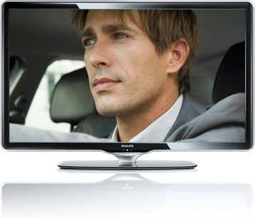 Philips 40PFL8664H Fernseher, Flachbildschirm, Vorderansicht, schmaler silberner Rahmen, zentraler Metallfuß, Bild eines Mannes auf dem Bildschirm