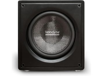 Velodyne VI-Q 10 fekete mélyláda, elölnézet, kör alakú, textúrált fémkúpos hangszóróval
