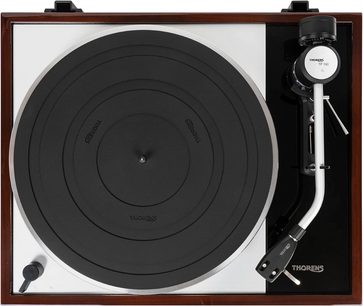 Thorens TD 1500 lackerad valnötsskivspelare, öppen framifrån, matt svart tallrik, svart tonarm, trähuv