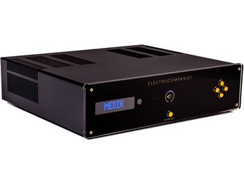 Electrocompaniet ECI-6DX MKII fekete sztereó hi-fi erősítő, előlapon "MEDIA" kijelzővel, aranyszínű gombokkal és csatlakozókkal