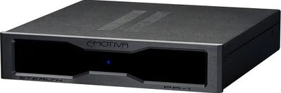 Emotiva STEALTH PA-1 sort effektforstærker, frontvisning, frontpanel med oplyst blåt logo og central knap