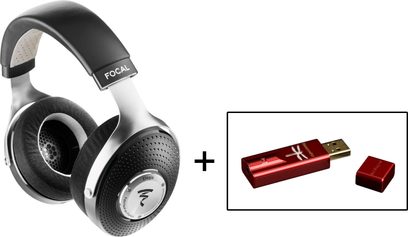 Focal Elegia åbne, circumaurale hovedtelefoner i sølvfarve med sort læderhovedstykke, inklusiv DAC/forstærker Audioquest DragonFly Red