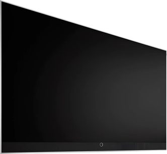 Téléviseur Loewe Stellar 97 DR+ noir à écran plat avec bord fin argenté, vue de face légèrement en angle