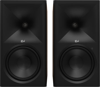 Paar vernetzter Lautsprecher Klipsch The Nines II Walnuss, schwarze Front mit großem Lautsprecher und Front-Horn
