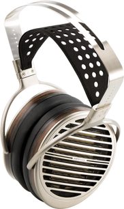 Otwarte słuchawki hi-fi Hifiman Susvara, okrągłe przetworniki, pałąk i muszle ze srebrzystego metalu, czarna kratka z okrągłymi otworami
