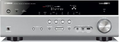 Yamaha RX-V473 namų kino stiprintuvas, titano spalvos, vaizdas iš priekio, mėlynas ekranas, mygtukai ir jungtys priekyje, šepetėliu apdorotas metalinis korpusas