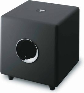 Focal Cub 3 sort kubisk kompakt subwoofer, rund højttaler med sort membran og hvidt logo