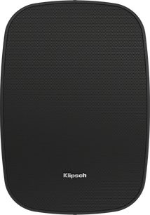 Černý reproduktor Klipsch, pohled zepředu, zaoblený obdélníkový tvar, černá mřížka pokrývající celý přední panel