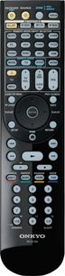 Sort Onkyo RC-812M fjernbetjening med grå knapper og LCD-skærm, set forfra