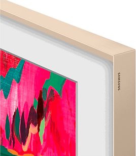 Samsung The Frame 75 tommer 2025 ramme i gyldent metal, close-up af øverste højre hjørne i perspektiv