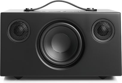 Audio Pro Addon C5 sort højttaler, frontvisning, 2 runde højttalere, 1 central højttaler, bærehåndtag
