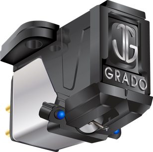 Grado Blue 3 sort pladespiller-pickup, set forfra i nærbillede perspektiv, med blå tonarm og nål