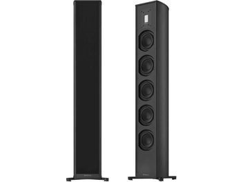 Bezdrátová chytrá reproduktorová soustava Piega Premium 501 Wireless Gen2 černá, pohled zepředu a z boku, 4 kruhové reproduktory, 1 obdélníkový výškový reproduktor