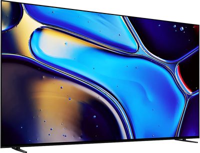 Sony BRAVIA 8 (55XR80) platt skärm, sedd framifrån, tunna ramar, metallstativ, abstrakt blått och guldigt display