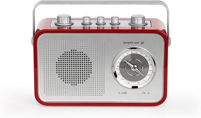 Frontvisning af den røde bærbare Tangent Uno 2Go-radio med cirkulær højttaler, 5 sølvfarvede drejeknappper og LCD-skærm