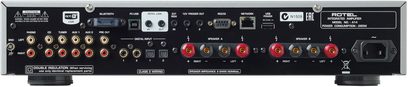 Rotel A-14 sort hi-fi stereoforstærker, frontpanel, frontvisning, stik og kontroller, digitalt display