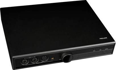 Preamplificator pentru căști Hi-Fi Hifiman Prelude, vedere din unghi, față cu 3 conectori XLR, 1 priză pentru căști, 1 buton de volum, 3 butoane