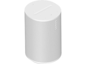 Altoparlante cilindrico bianco Sonos Era 100, griglia forata, pulsanti touch sulla parte superiore, base allargata