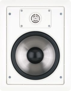 JBL SP8II indbygningshøjttaler til loft, set forfra, hvid ramme, en stor central højttaler og en diskant øverst