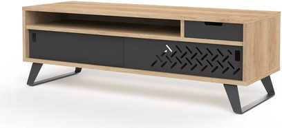 Exelium Hybo 130 lyst træ TV-møbel med 2 perforerede sorte skydedøre, set forfra i let nedadgående vinkel