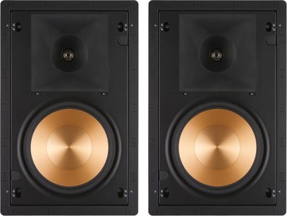 Set aus 2 schwarzen Klipsch PRO-180-RPW Wandeinbaulautsprechern mit großen kupferfarbenen Lautsprechern