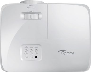 Optoma HD27e hvid projektor set forfra, kontrolknapper, zoom og fokus på toppen