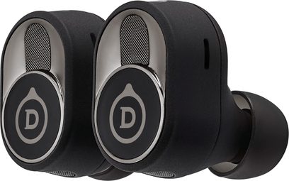 Безжичен слушател Devialet Gemini II в матов черен цвят, изглед отпред и отстрани, 2 овални черни слушалки с метална решетка