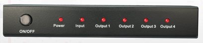 HDMI-splitter Lindy 38058 1 til 4 sort, frontpanel, 6 røde LED'er, 1 ON/OFF-knap, 6 mærkede HDMI-hunstik