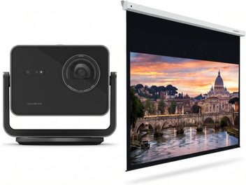 Čierny videoprojektor Leica Cine Play s rozťahovacím projekčným plátnom zobrazujúcim pohľad na Rím pri západe slnka
