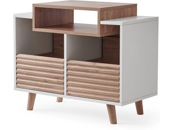 Möbel und Aufbewahrung für Plattenspieler Norstone Design OSLO 800 weiß/helles Eichenholz, rechteckige Struktur, 4 geneigte Füße, 2 offene Fächer, 2 Türen mit horizontalen Reliefs, Ausführung in hellem Holz und mattem Weiß