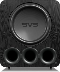 Caja de graves SVS PB-5000 R|Evolution frontal negro con acabado en madera, altavoz circular y 3 puertos redondos