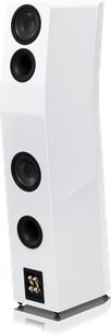 Enceinte colonne SVS Ultra Evolution Tower blanc laqué, vue de face, 4 haut-parleurs noirs, tweeter noir, base noire