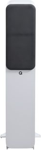Q Acoustics 3050c white floorstanding speaker, white lacquered MDF cabinet with black fabric grille covering the drivers, Q logo beneath the grille, front view