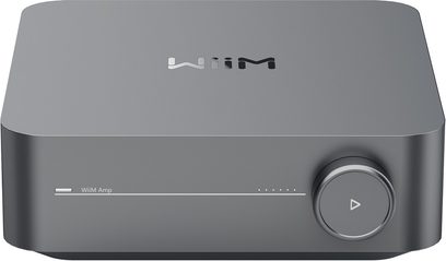 Hi-fi integreret stereo forstærker WiiM AMP Mørkegrå set forfra med en cirkulær knap til højre og lysindikatorer til venstre