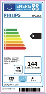 Europæisk energimærke for en Philips 49PUS6501 TV, klasse B, 99W, 49 tommer, 144 kWh/år